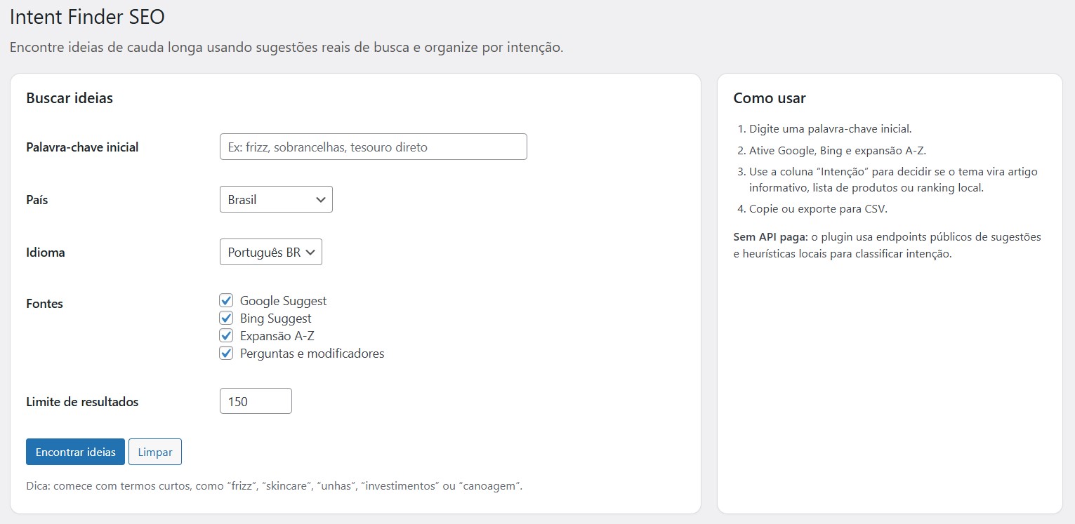 Tela principal de pesquisa de intenção