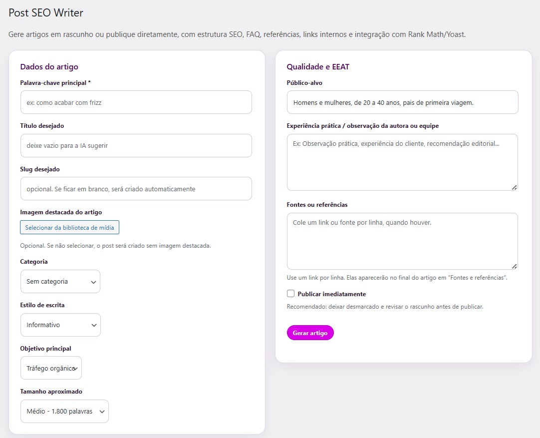 Resultado no painel WordPress