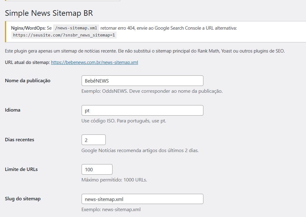 Configurações do sitemap de notícias